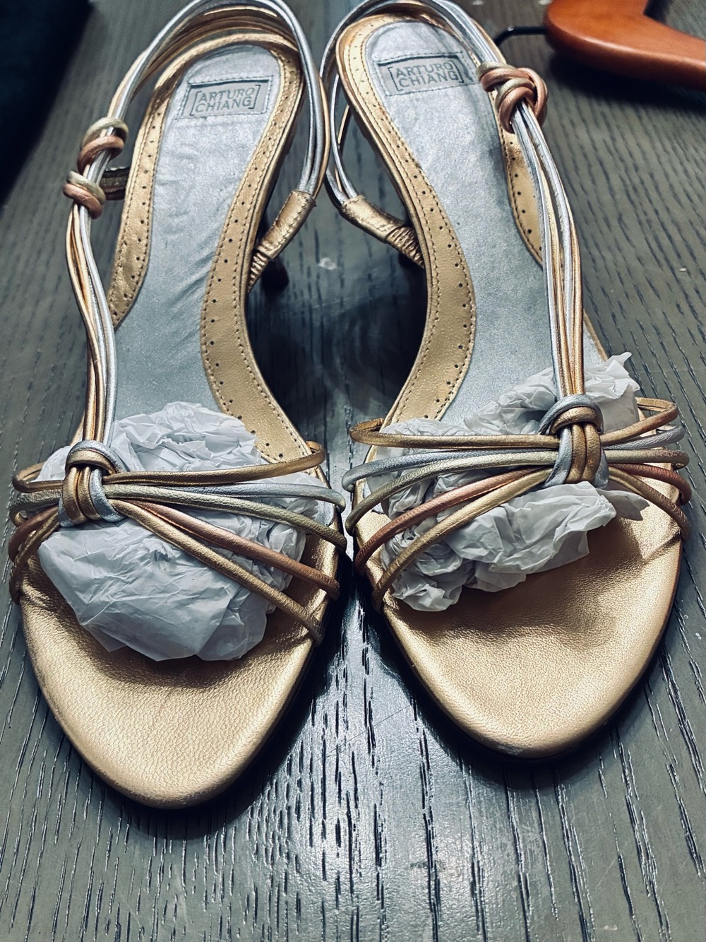 Arturo Chiang Metallic Gold and Silver Strappy Slingback Heels